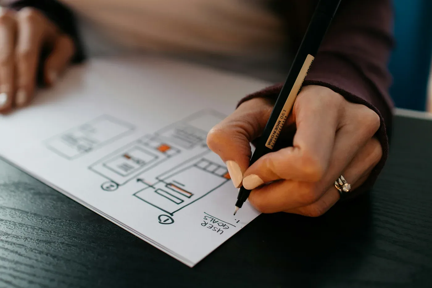 Designer sketches a user-centered product flow during documentation research